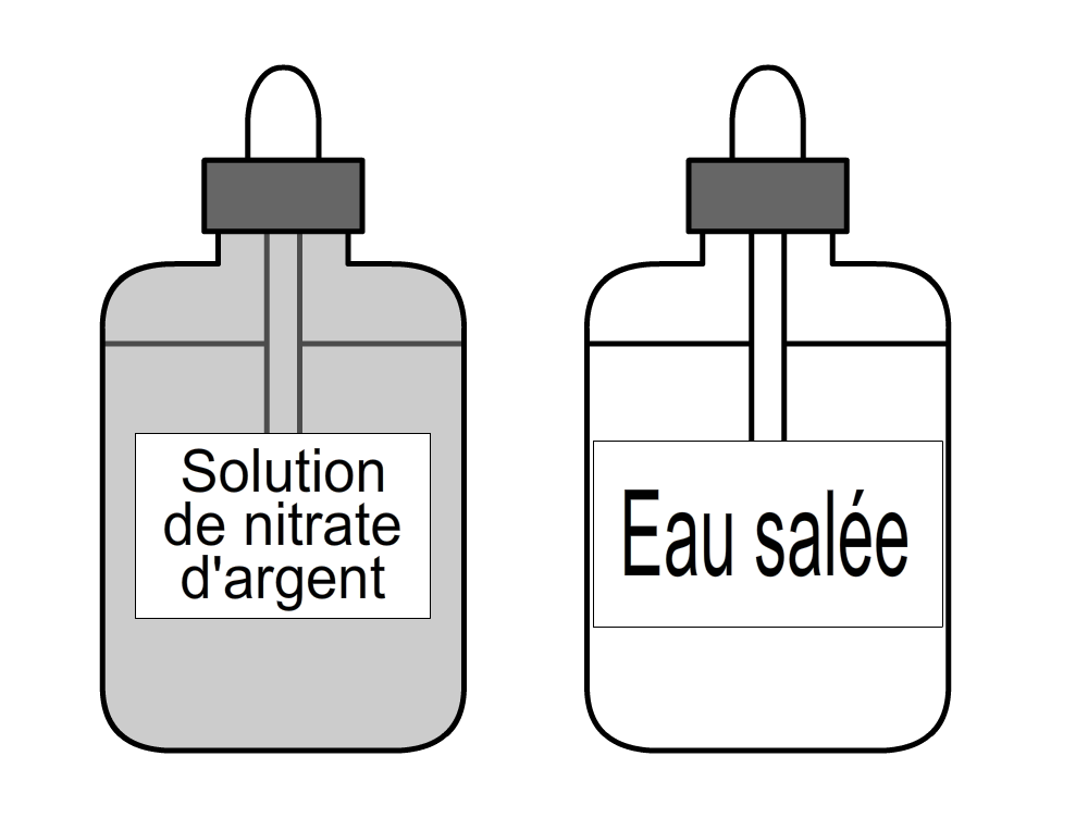 Flacons de nitrate d'argent et d'eau salée