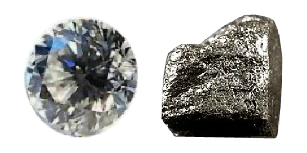 Diamond crystals and a block of graphite (carbon)